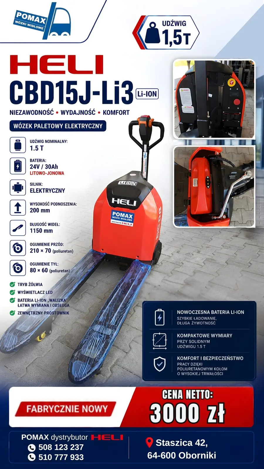 Baner ofertowy HELI CBD15J-Li3 Li-Ion, udźwig 1,5 T
