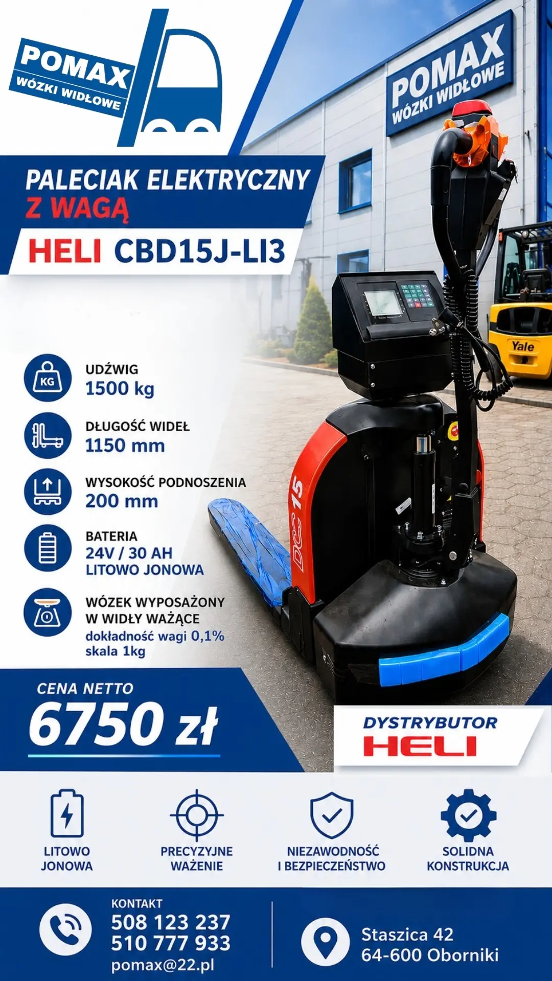 Baner ofertowy paleciaka elektrycznego HELI CBD15J-LI3 z wbudowaną wagą