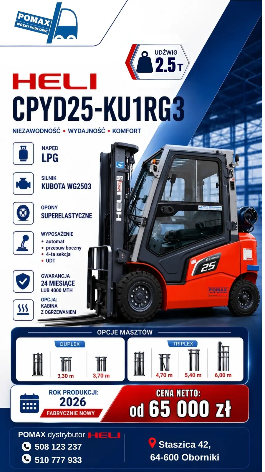 Baner ofertowy HELI CPYD25-KU1RG3 LPG, udźwig 2,5 T